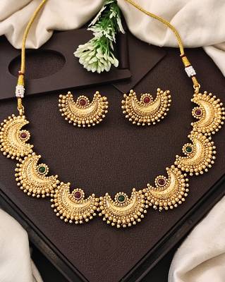 Graceful gold plated crescent necklace set with multicolor stones     exquisite for weddings and party wear 1