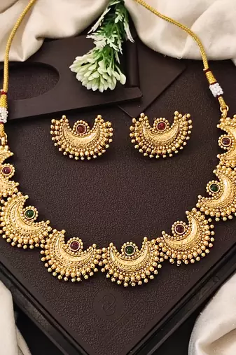 Graceful gold plated crescent necklace set with multicolor stones – exquisite for weddings and party wear