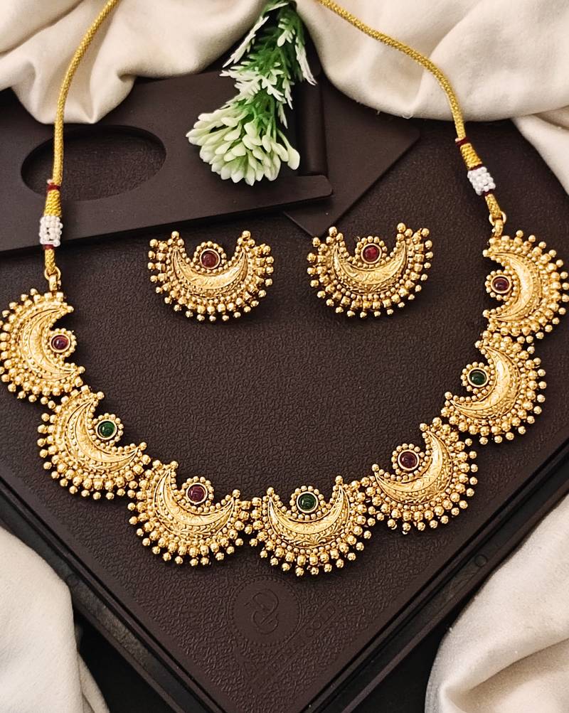Graceful gold plated crescent necklace set with multicolor stones – exquisite for weddings and party wear
