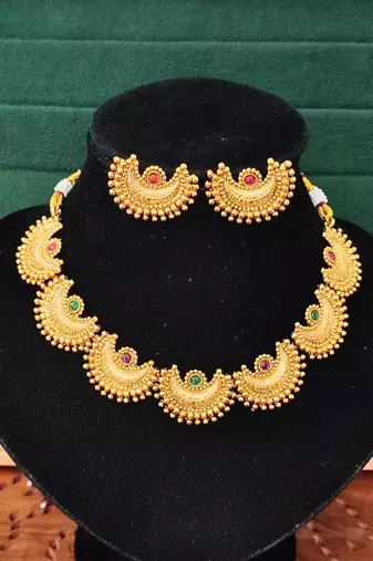 Graceful gold plated crescent necklace set with multicolor stones     exquisite for weddings and party wear