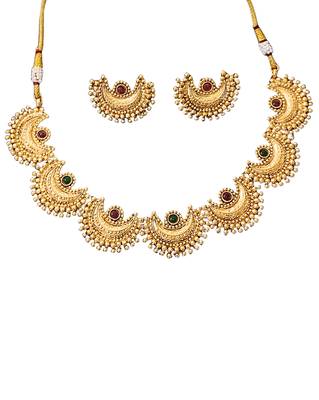 Graceful gold plated crescent necklace set with multicolor stones     exquisite for weddings and party wear 4