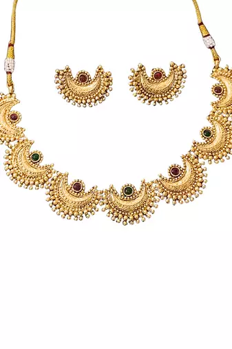 Graceful gold plated crescent necklace set with multicolor stones     exquisite for weddings and party wear
