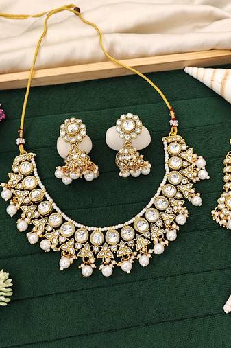 Radiant pearl and kundan necklace set with gold plating – perfect jewelry for bridal, party, and festive wear