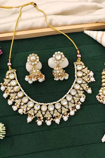 Radiant pearl and kundan necklace set with gold plating – perfect jewelry for bridal, party, and festive wear