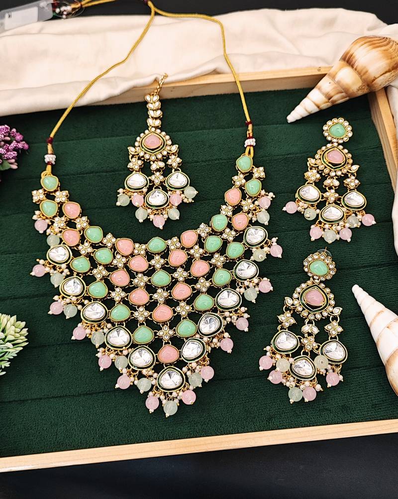 Pastel kundan bridal necklace set with earrings & maang tikka | pink and green stone traditional indian jewelry