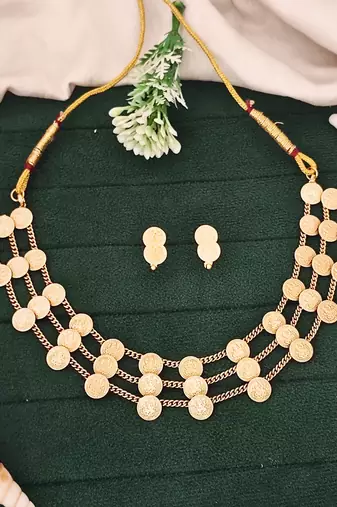 Traditional multi-layer gold plated coin necklace set with earrings | south indian temple jewelry design