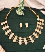 Traditional multi-layer gold plated coin necklace set with earrings | south indian temple jewelry design