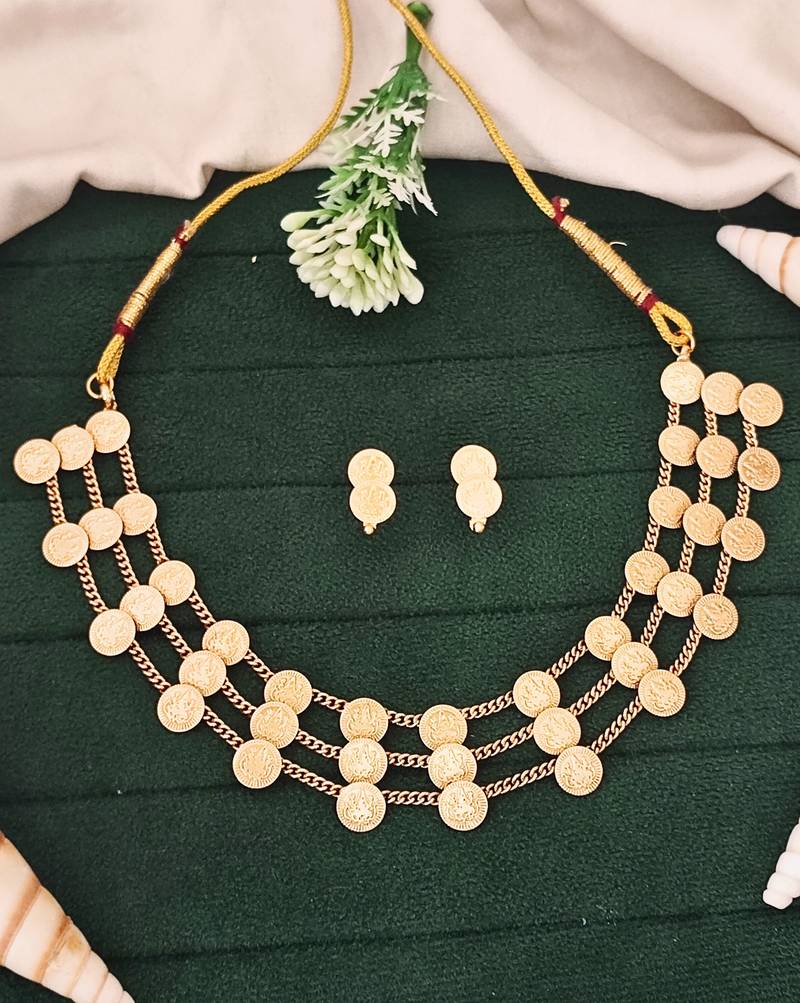 Traditional multi-layer gold plated coin necklace set with earrings | south indian temple jewelry design