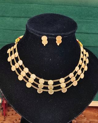 Traditional multi-layer gold plated coin necklace set with earrings | south indian temple jewelry design 3