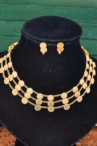 Traditional multi-layer gold plated coin necklace set with earrings | south indian temple jewelry design