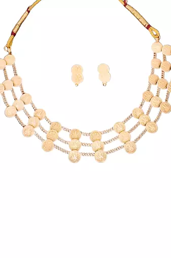 Traditional multi-layer gold plated coin necklace set with earrings | south indian temple jewelry design