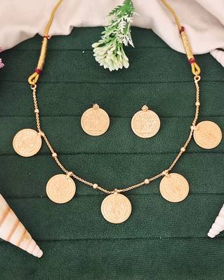 Gold plated coin necklace set with earrings, temple jewelry for festive and ethnic wear 1