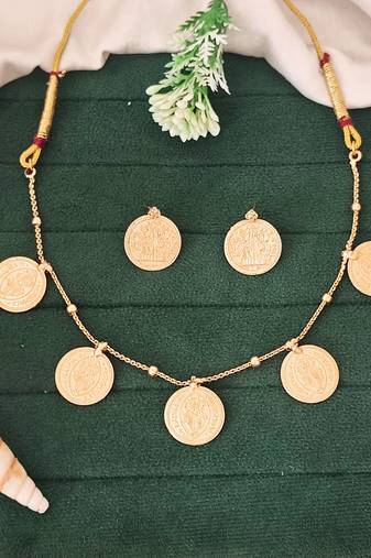 Gold plated coin necklace set with earrings, temple jewelry for festive and ethnic wear