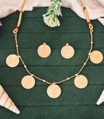 Gold plated coin necklace set with earrings, temple jewelry for festive and ethnic wear