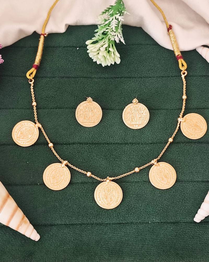 Gold plated coin necklace set with earrings, temple jewelry for festive and ethnic wear