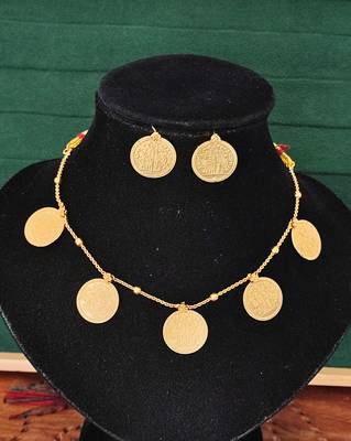 Gold plated coin necklace set with earrings, temple jewelry for festive and ethnic wear 3