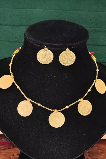 Gold plated coin necklace set with earrings, temple jewelry for festive and ethnic wear