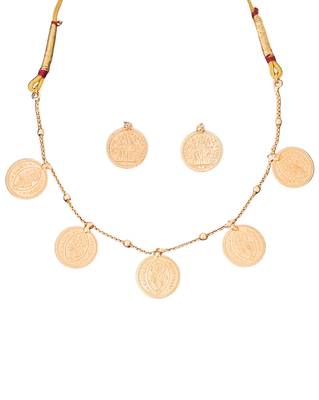 Gold plated coin necklace set with earrings, temple jewelry for festive and ethnic wear 4