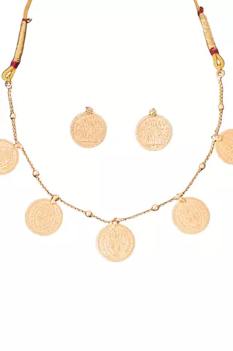 Gold plated coin necklace set with earrings, temple jewelry for festive and ethnic wear