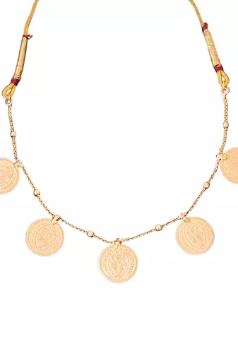 Gold plated coin necklace set with earrings, temple jewelry for festive and ethnic wear