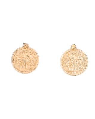 Gold plated coin necklace set with earrings, temple jewelry for festive and ethnic wear 6