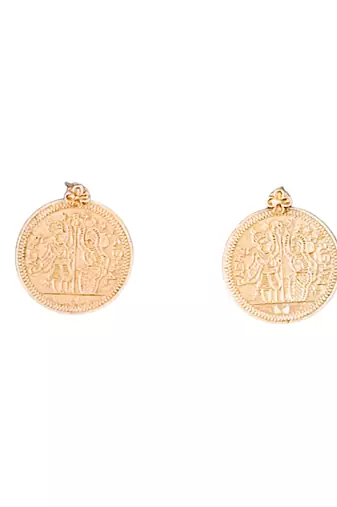 Gold plated coin necklace set with earrings, temple jewelry for festive and ethnic wear