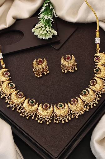Gold plated crescent moon necklace and earrings set – ethnic jewelry for festivals and special occasions