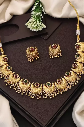 Gold plated crescent moon necklace and earrings set – ethnic jewelry for festivals and special occasions