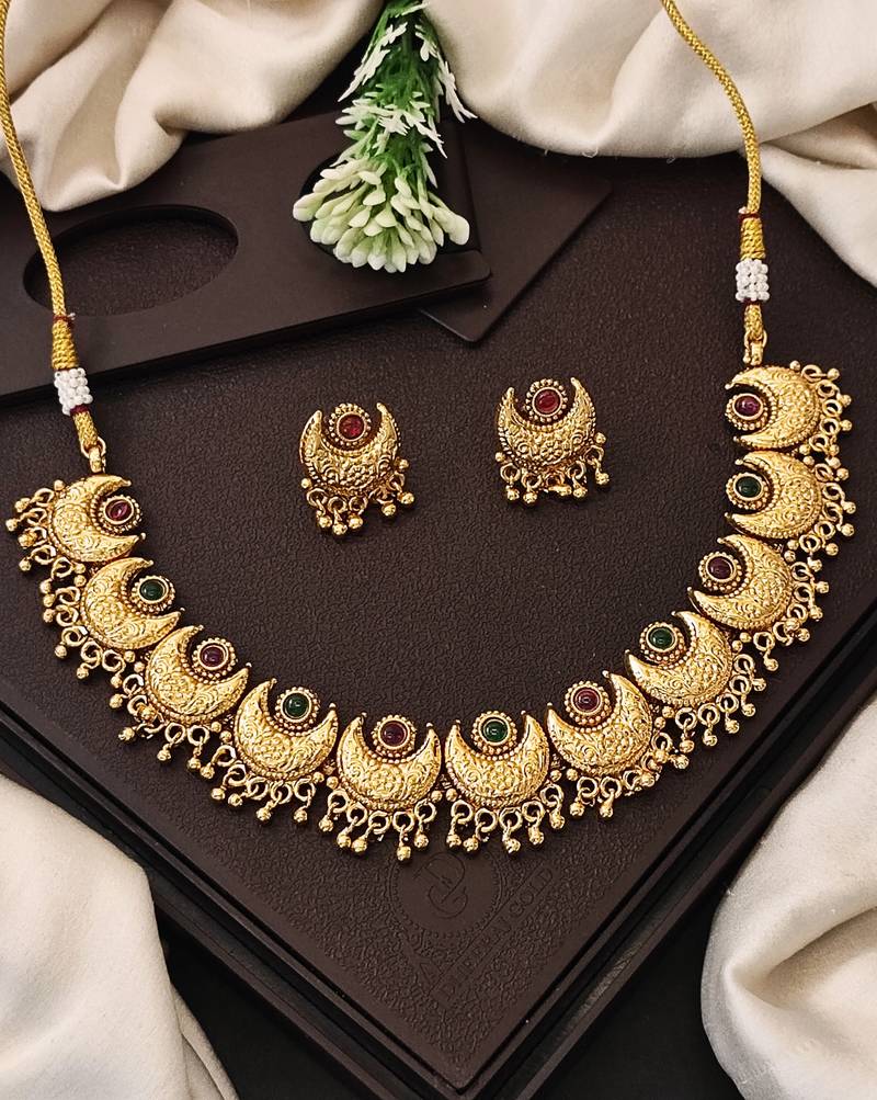 Gold plated crescent moon necklace and earrings set – ethnic jewelry for festivals and special occasions