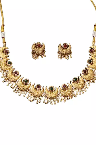 Gold plated crescent moon necklace and earrings set     ethnic jewelry for festivals and special occasions