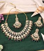 Kundan bridal necklace set with green and maroon beads | pearl embellished earrings & maang tikka for wedding wear