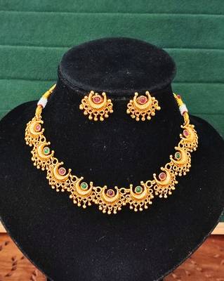 Gold plated necklace and earrings set with crescent motifs and multicolored stones – perfect for festive and ethnic wear 3