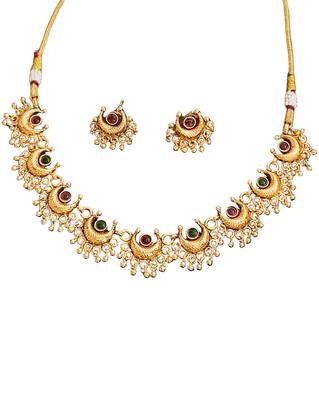 Gold plated necklace and earrings set with crescent motifs and multicolored stones – perfect for festive and ethnic wear 4