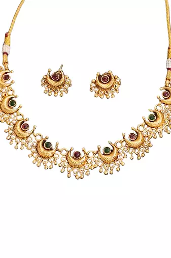 Gold plated necklace and earrings set with crescent motifs and multicolored stones – perfect for festive and ethnic wear
