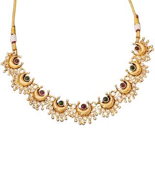Gold plated necklace and earrings set with crescent motifs and multicolored stones – perfect for festive and ethnic wear 5