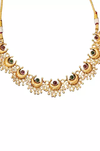 Gold plated necklace and earrings set with crescent motifs and multicolored stones – perfect for festive and ethnic wear