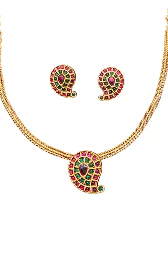 Elegant gold plated paisley jewelry set with multicolored stones – necklace and earrings for her