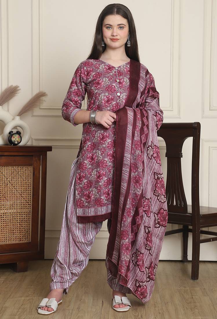 Pink cotton blend printed ready to wear patiala salwar suit