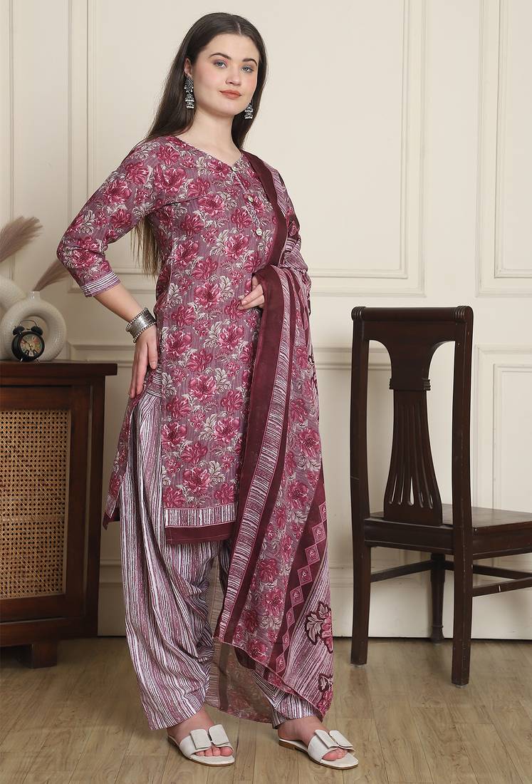 Pink cotton blend printed ready to wear patiala salwar suit