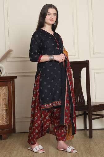 maroon cotton blend printed ready to wear patiala salwar suit