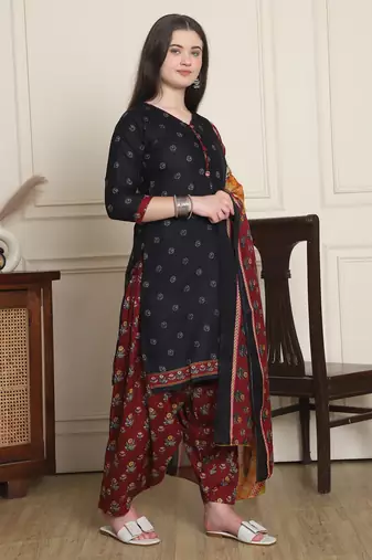 maroon cotton blend printed ready to wear patiala salwar suit