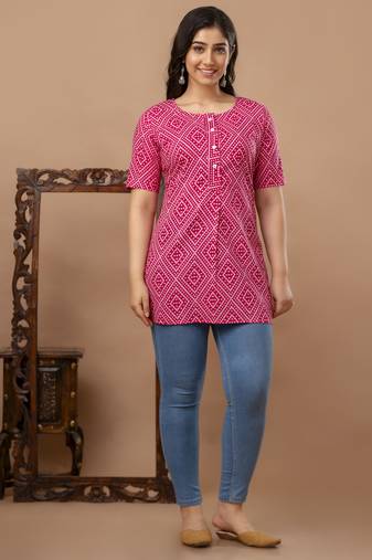 Floral printed pure cotton pink jaipuri tunic