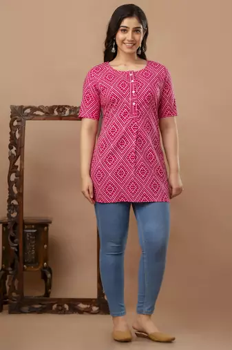 Floral printed pure cotton pink jaipuri tunic