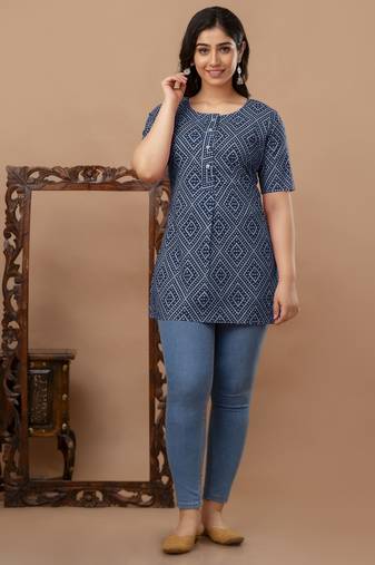 Floral printed pure cotton blue jaipuri tunic