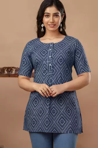 Floral printed  cotton blue jaipuri tunic
