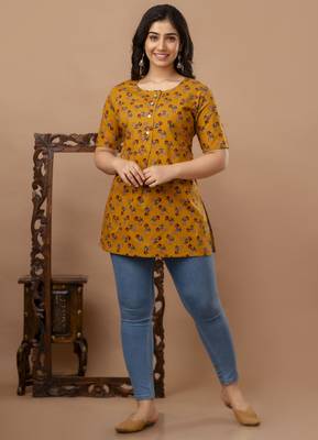 Floral printed  cotton yellow jaipuri tunic 1