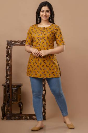 Floral printed pure cotton yellow jaipuri tunic