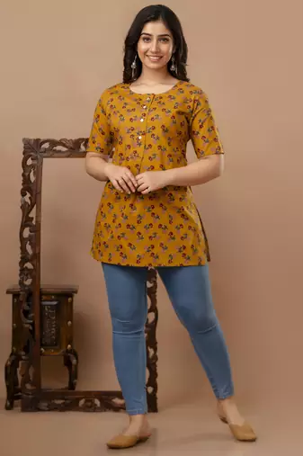 Floral printed pure cotton yellow jaipuri tunic