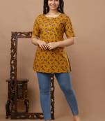 Floral printed pure cotton yellow jaipuri tunic