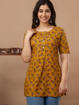 Floral printed  cotton yellow jaipuri tunic 3